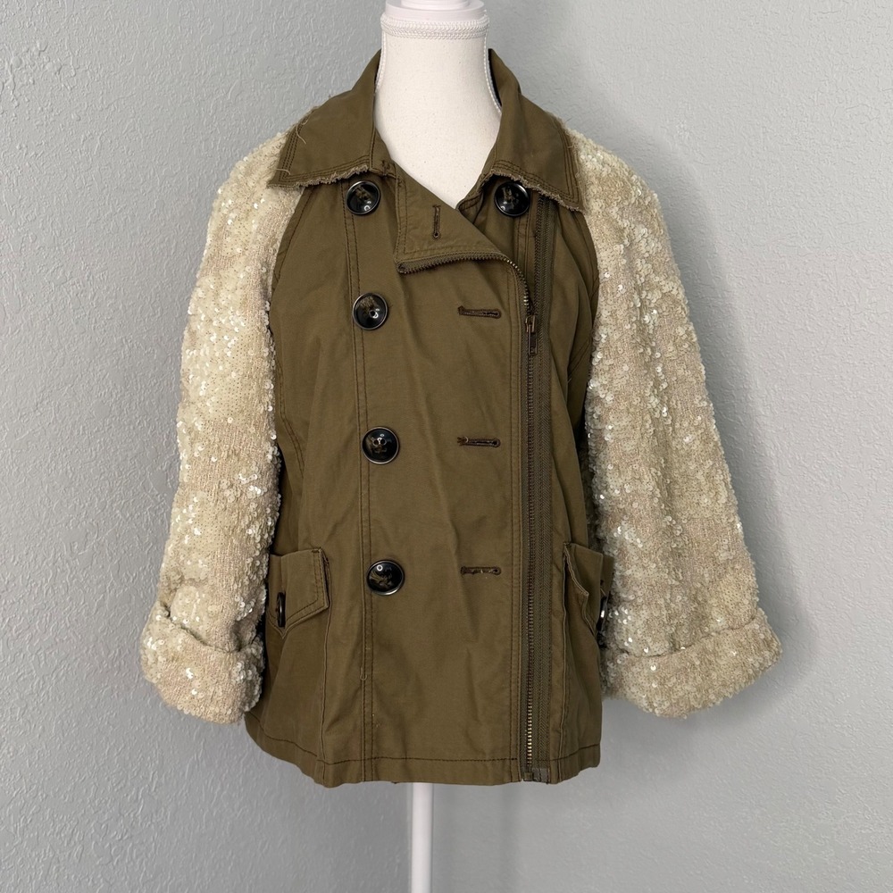Hei Hei Anthropologie Olive Green Sequin Sleeve Utility Jacket Coat‎ Small